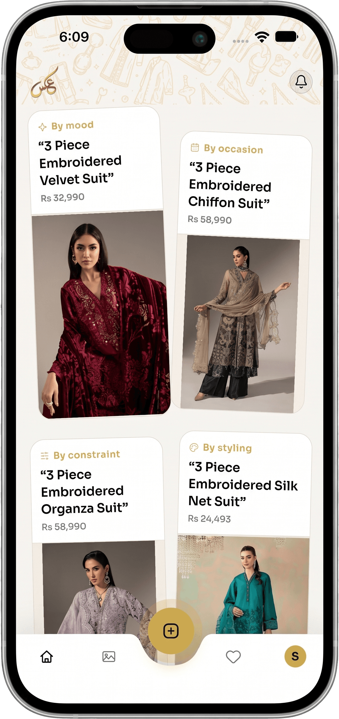 Home feed of outfits grouped by mood, occasion, constraint and styling