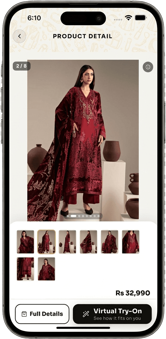 Product detail for an embroidered velvet suit with the Virtual Try-On button