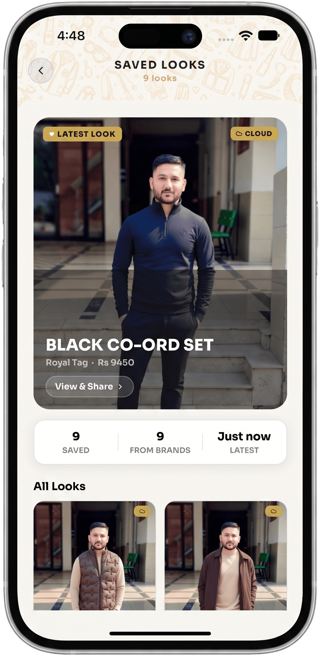Saved Looks screen with the latest try-on, a black co-ord set, and a grid of saved looks