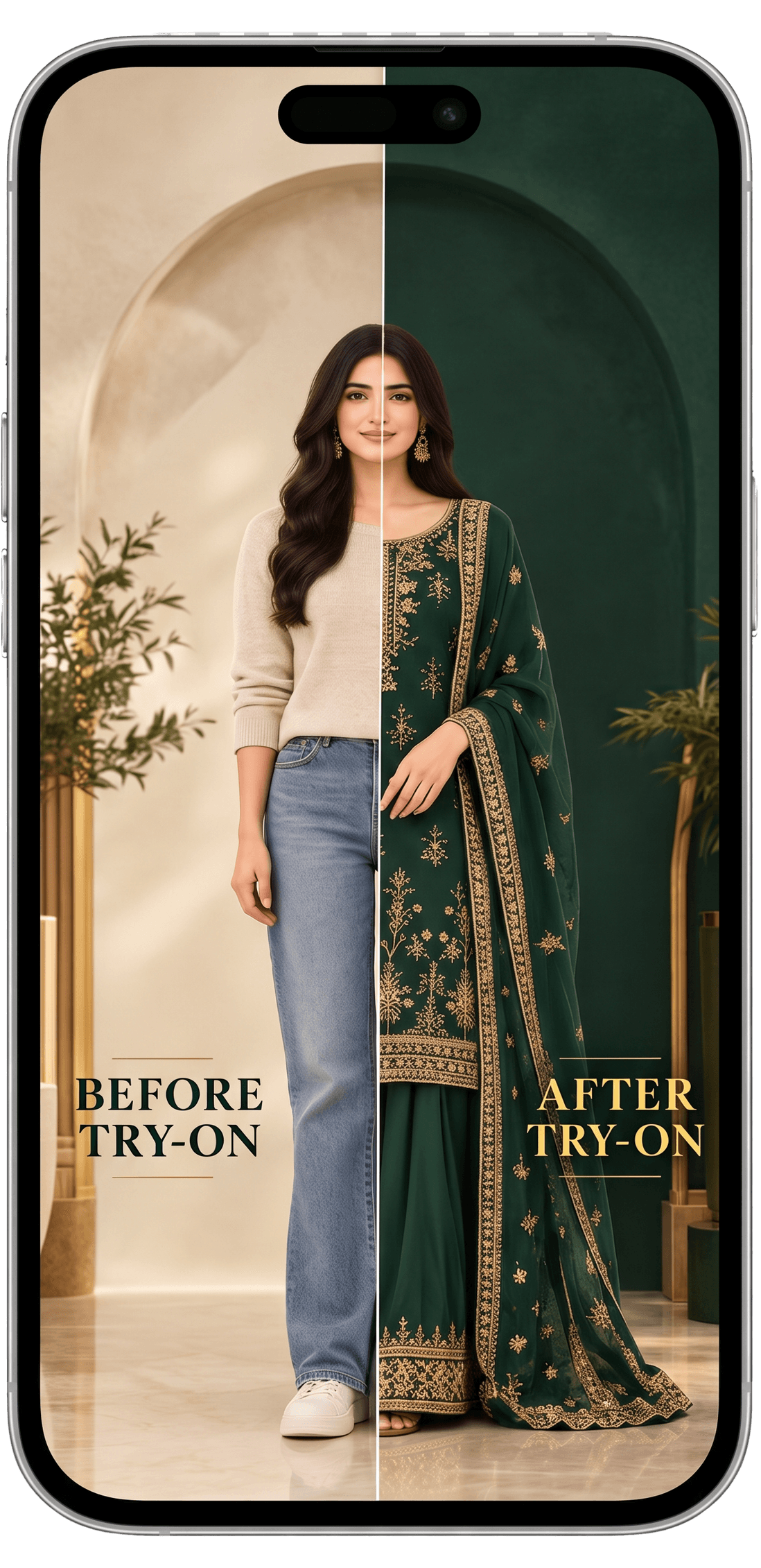 Before and after try-on: jeans and a sweater turned into an embroidered green outfit
