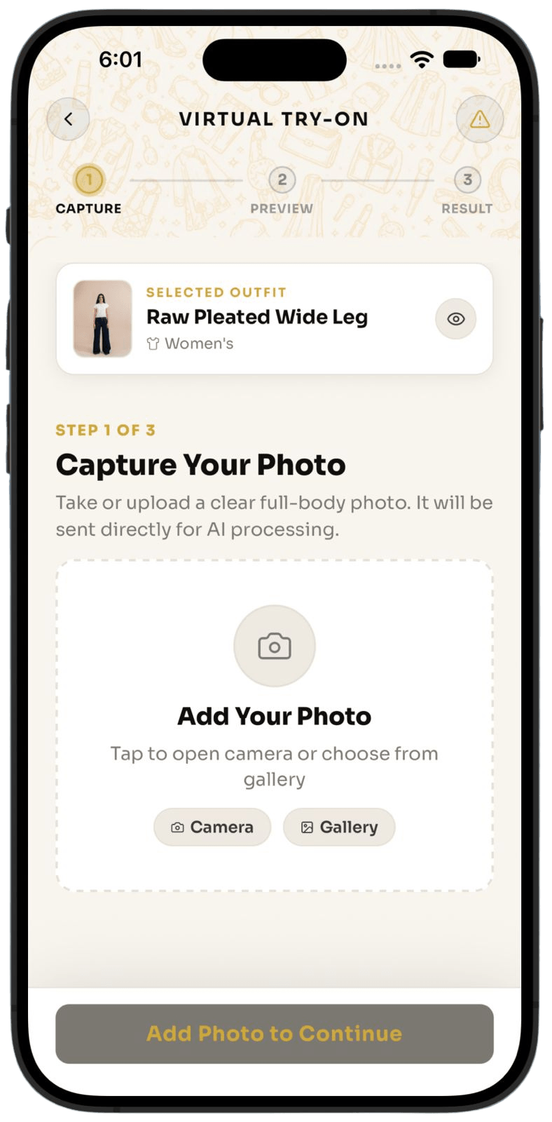 AKS Virtual Try-On Step 1: Capture Your Photo screen with camera and gallery options for a full-body photo